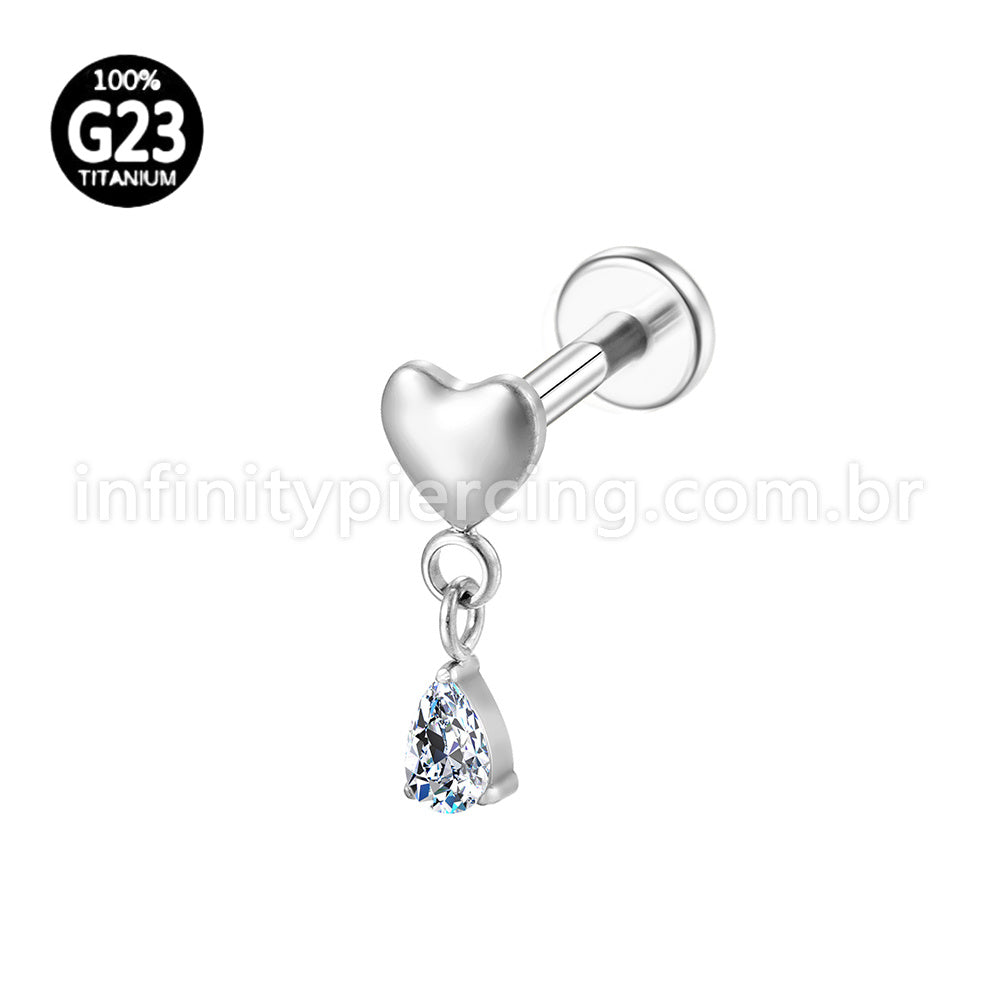Piercing Labret Titânio Coração Pingente Zircônia Cravejada
