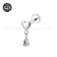 Piercing Labret Titânio Coração Pingente Zircônia Cravejada