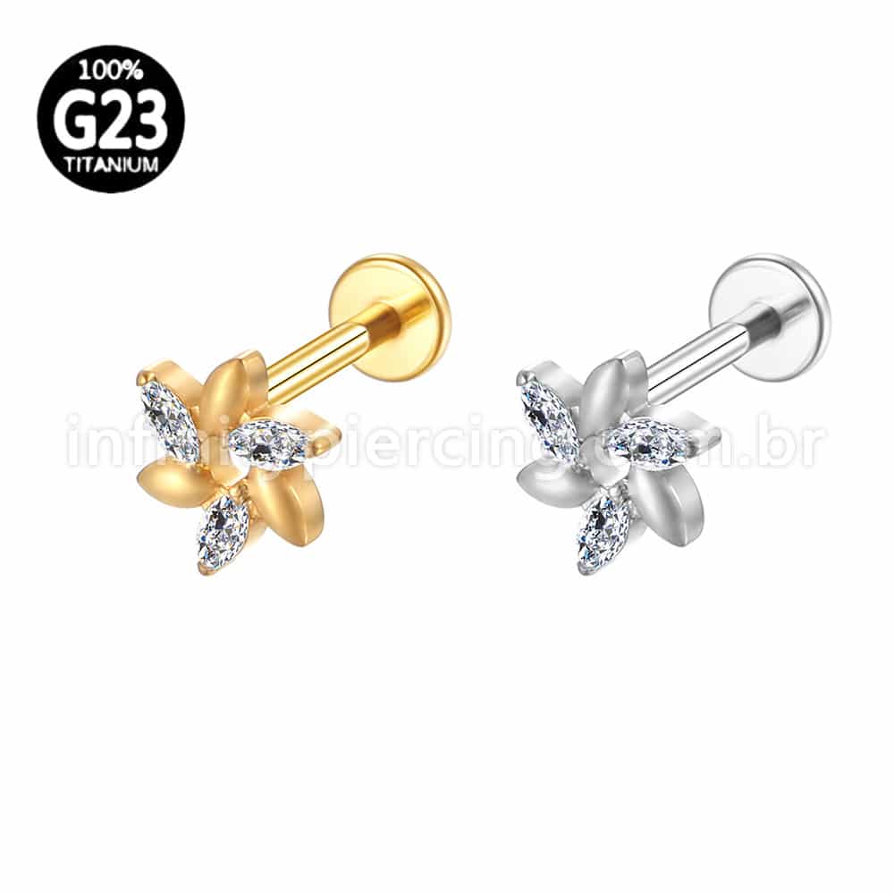 Piercing Labret Titânio Flor 3 Zircônias