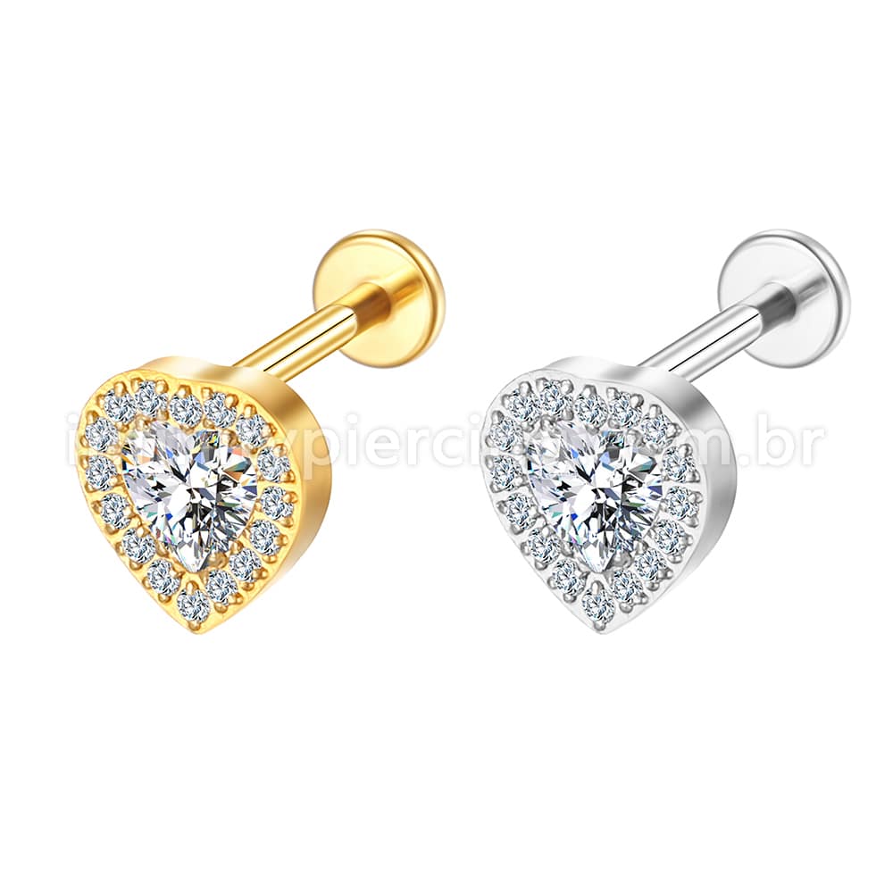 Piercing Labret Aço Cirúrgico Coração Zircônia Cravejada