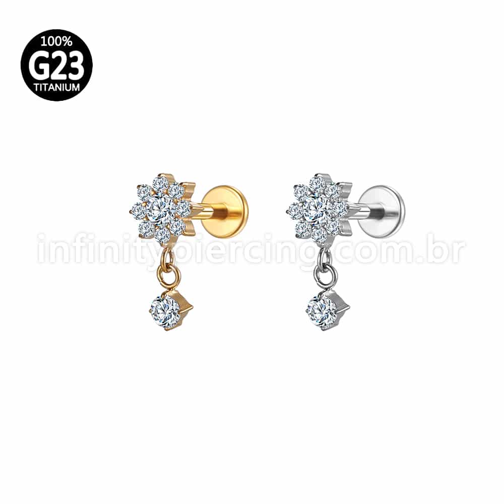 Piercing Labret Titânio Flor com Pingente Zircônia Cravejada