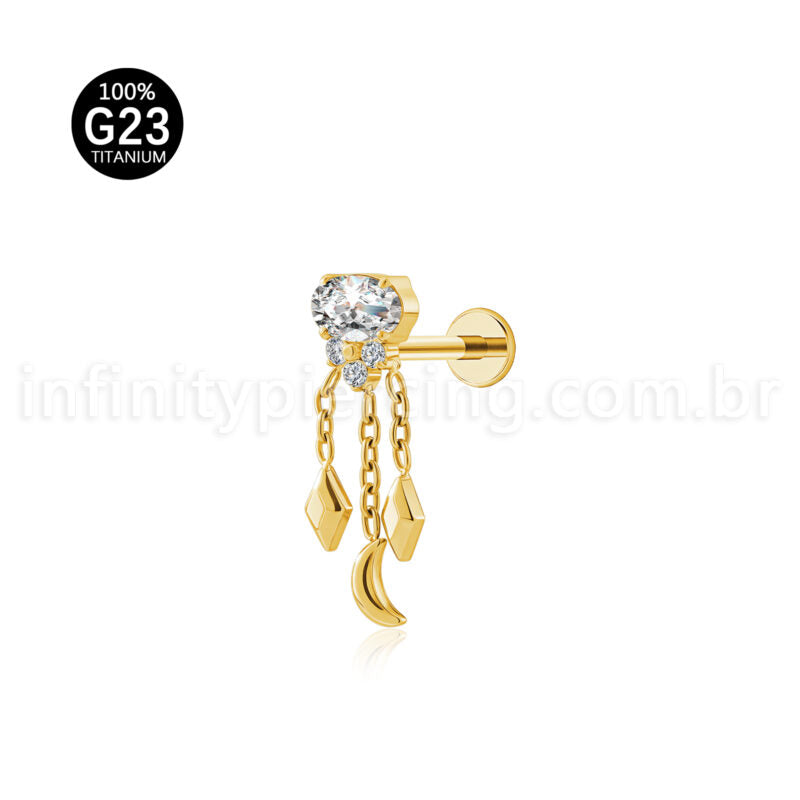 Piercing Labret Titânio Zircônia Oval Com Correntes