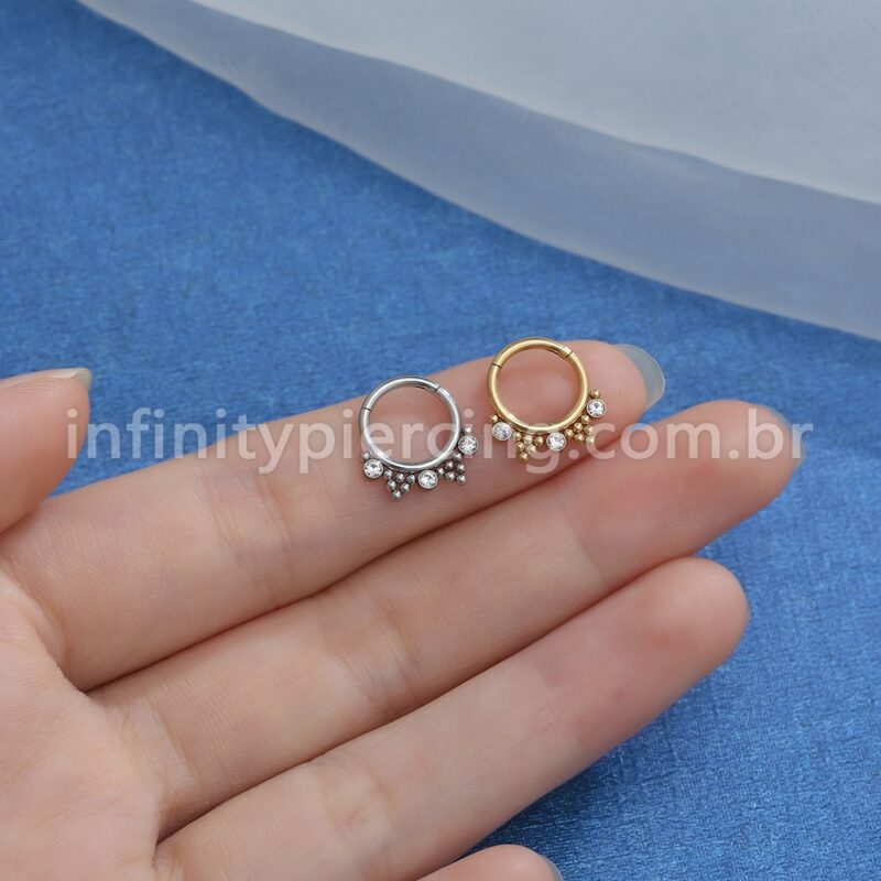 Piercing Argola Segmento Articulado Aço Cirúrgico 3 Pedras Zircônia