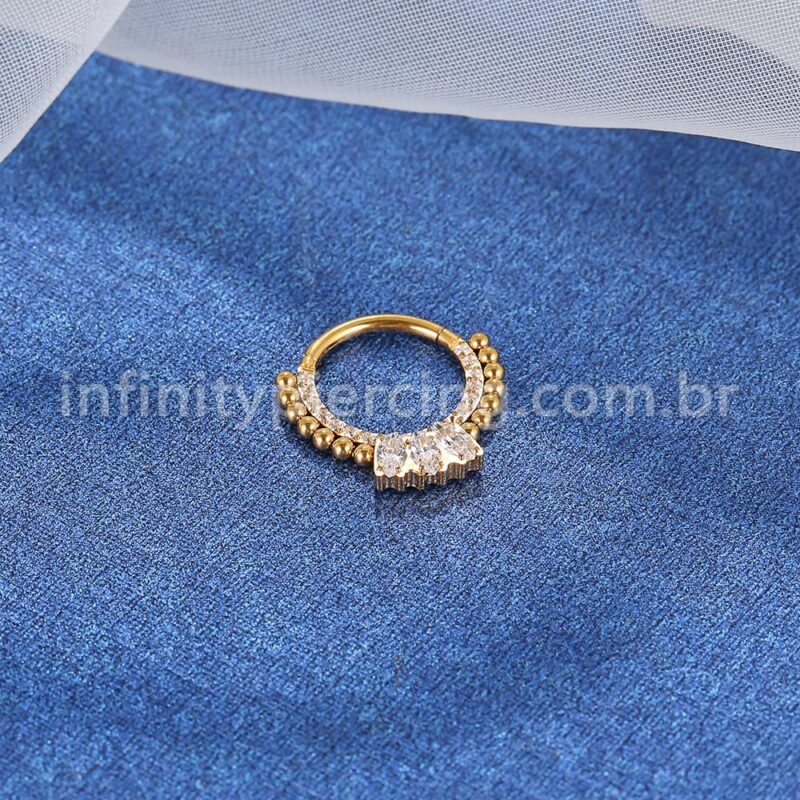 Piercing Argola Segmentada Aço Cirurgico Zircônia 3 Pedras Ovais Com Pontas