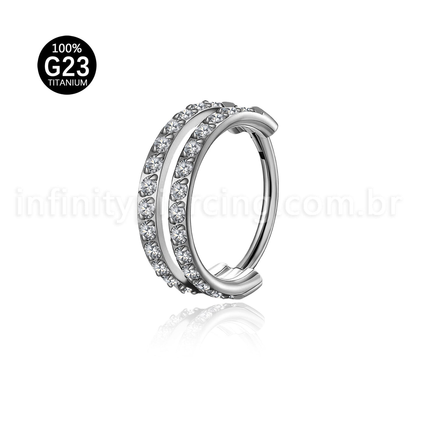 Piercing Argola Segmento Articulado Titânio 2 Fileiras Vazadas Zircônia Cravejada