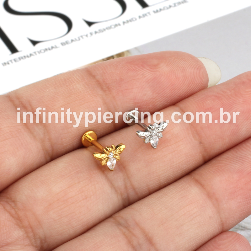 Piercing Labret Aço Cirúrgico Abelha Zircônia