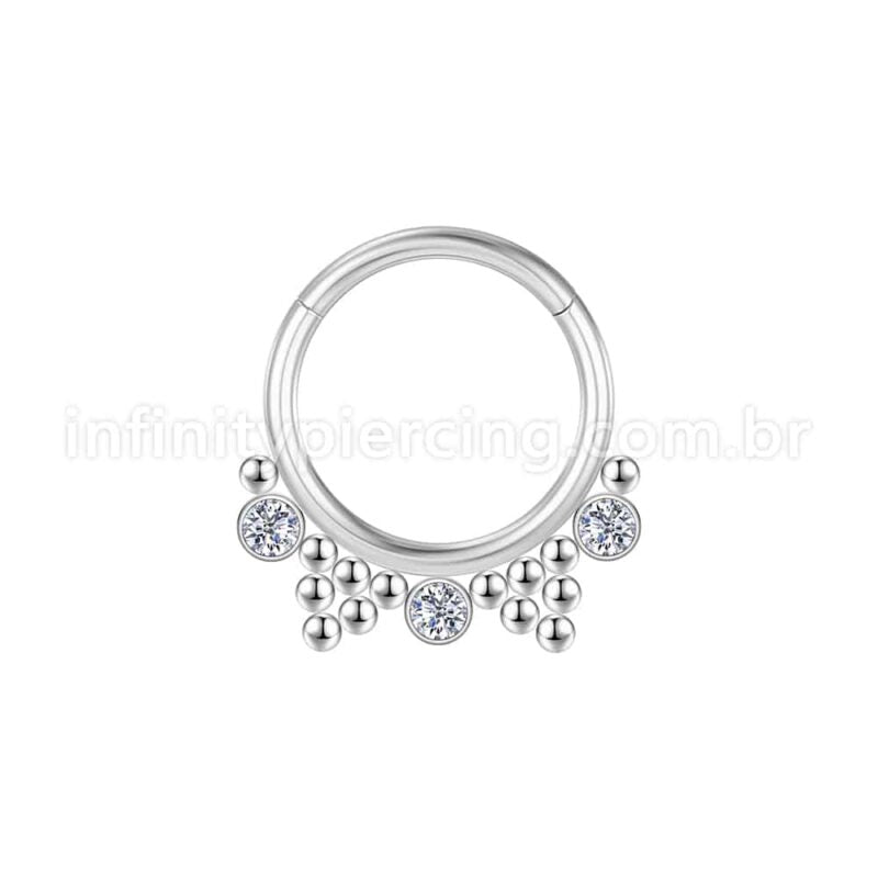 Piercing Argola Segmento Articulado Aço Cirúrgico 3 Pedras Zircônia