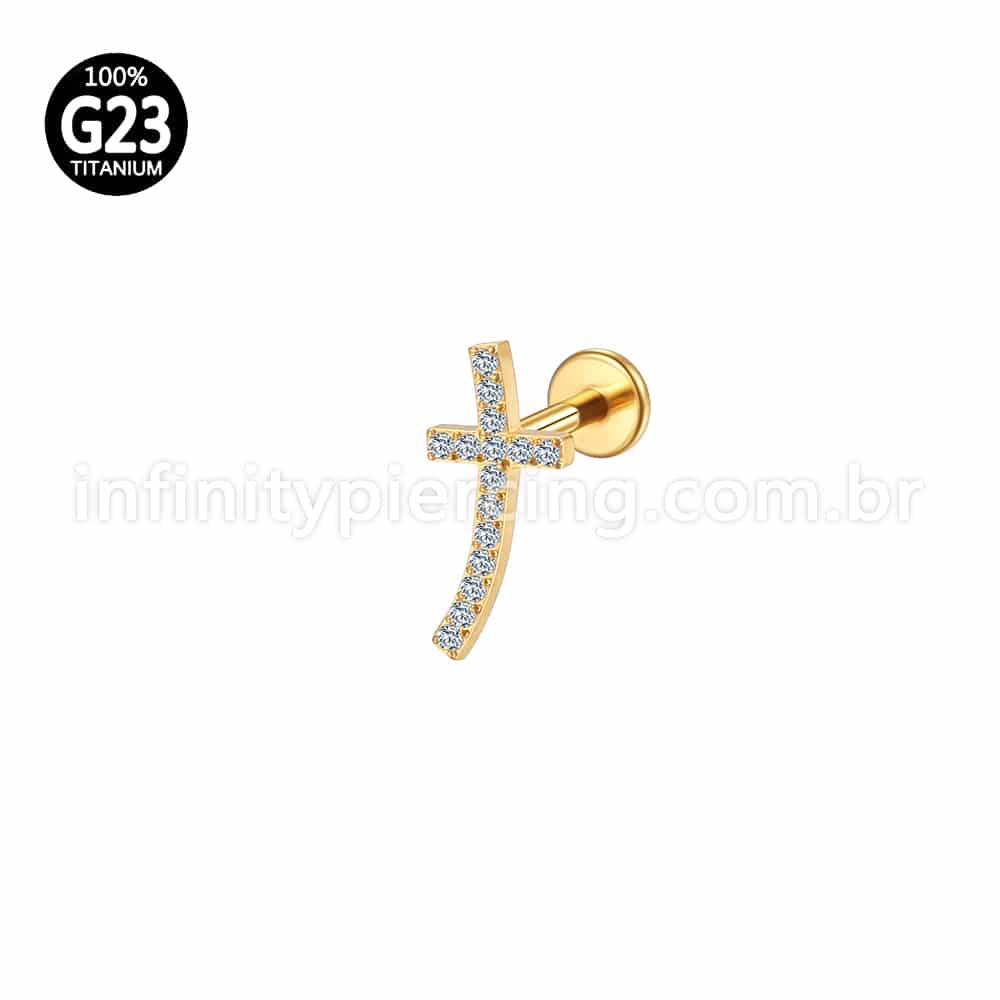 Piercing Labret Titânio Cruz Curva Zircônia