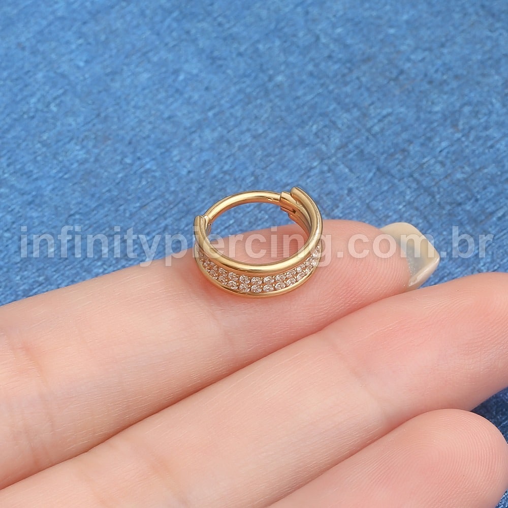 Piercing Argola Titânio Segmento Articulado Dupla Fileira Zircônia Cravejada