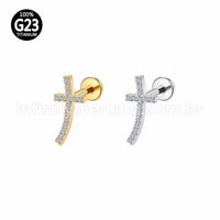 Piercing Labret Titânio Cruz Curva Zircônia