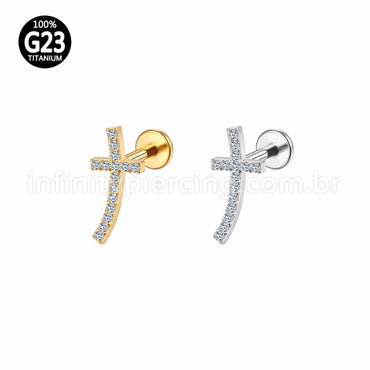 Piercing Labret Titânio Cruz Curva Zircônia