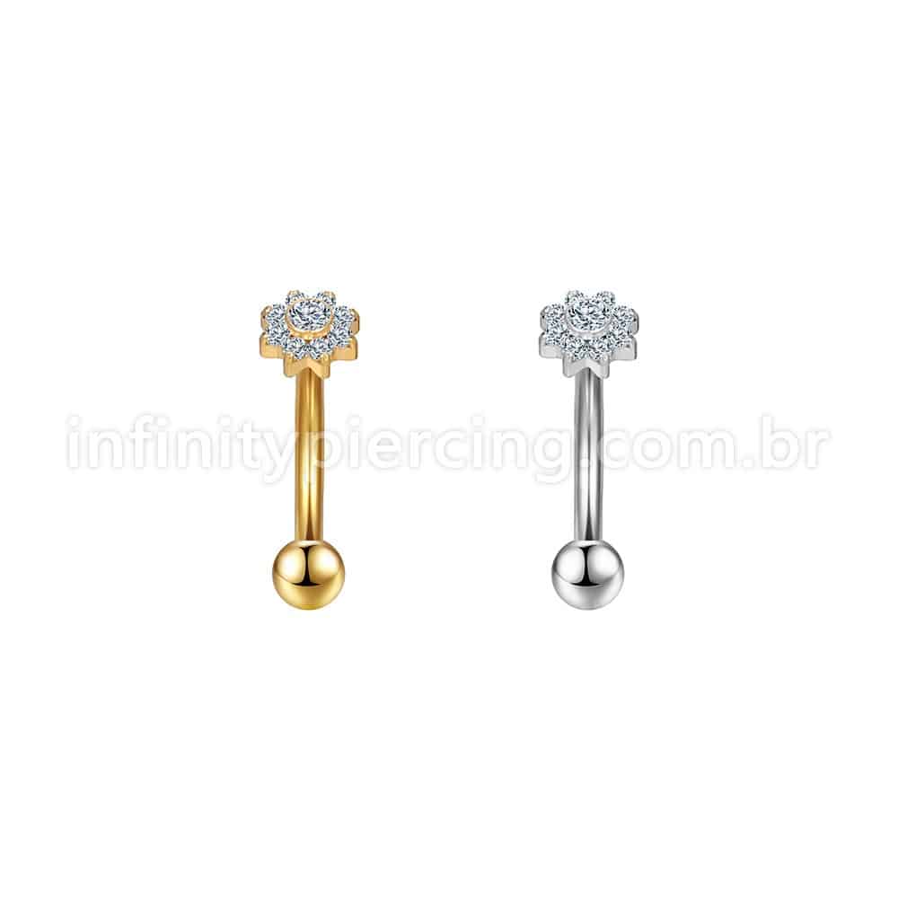 Piercing Minibarbell Curvo Aço Cirúrgico Flor Zircônia
