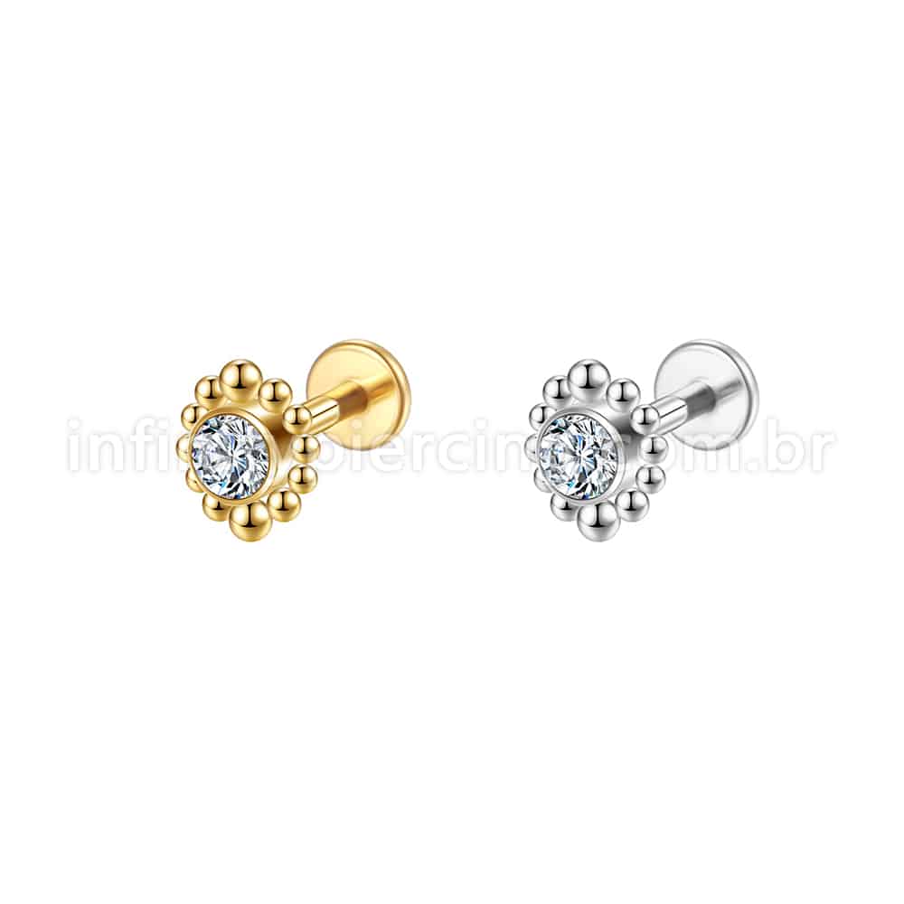 Piercing Labret Aço Cirúrgico Flor Zircônia Cravada