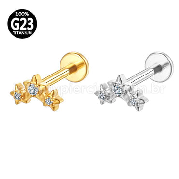 Piercing Labret Titânio 3 Estrelas Zircônias