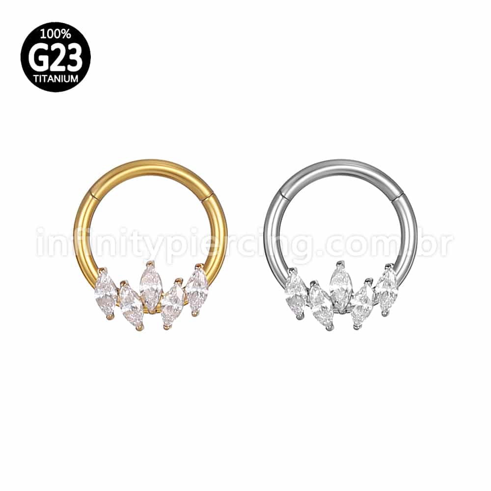 Piercing Argola Titânio Segmento Articulado 5 Pedras Zircônia Cravejada