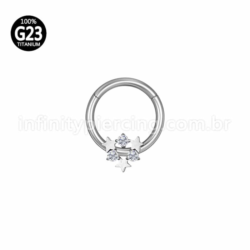 Piercing Argola Titânio Segmento Articulado Estrelas Com Zircônia Cravejada