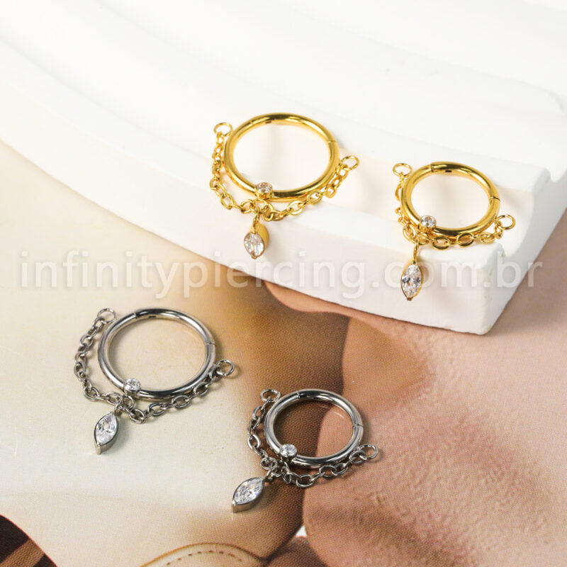 Piercing Argola Titânio Com Corrente Pingente Zircônia Cravejada