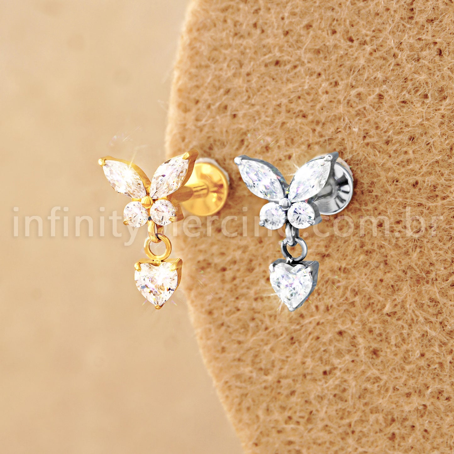 Piercing Labret Titânio Borboleta Com Pingente Coração