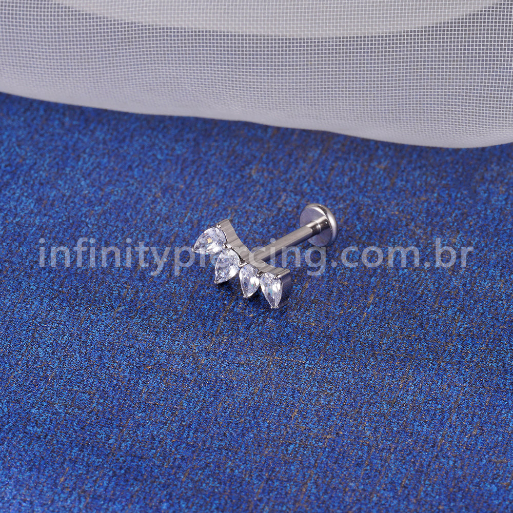 Piercing Labret Titânio Curvo 4 Pedras Zircônia Cravejada