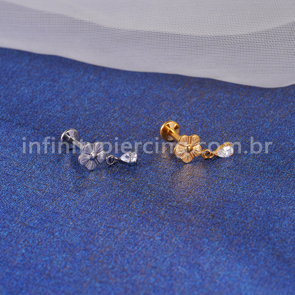Piercing Labret Titânio Flor Pingente Zircônia Cravejada
