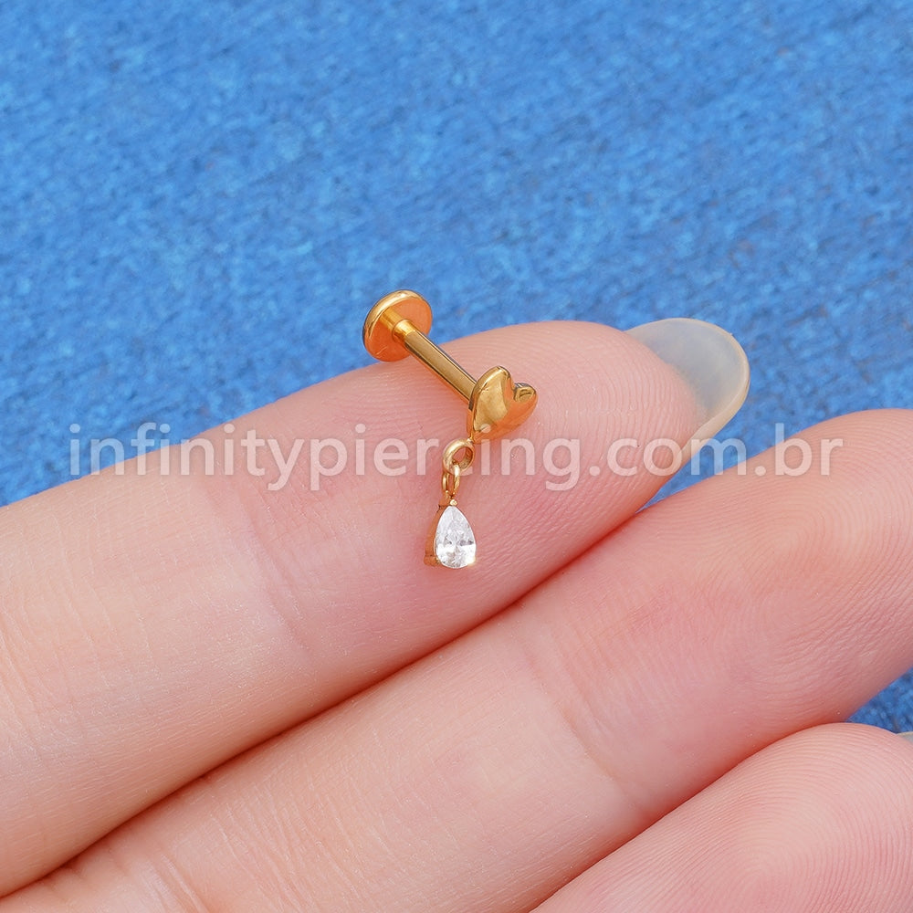 Piercing Labret Titânio Coração Pingente Zircônia Cravejada