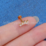 Piercing Labret Titânio Curvo 4 Pedras Zircônia Cravejada