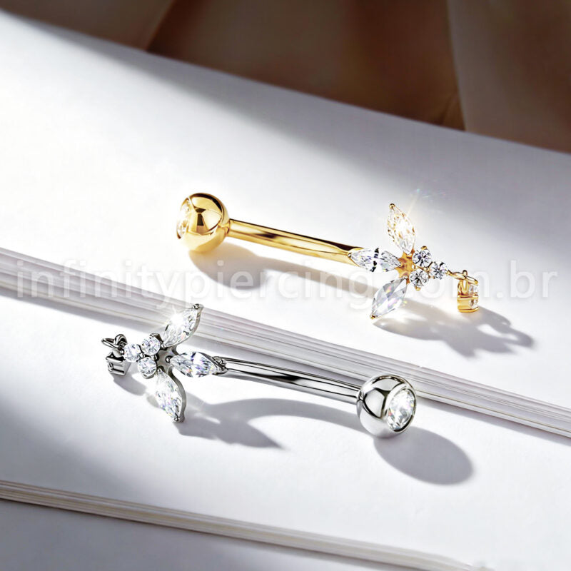 Piercing Banana Titânio Meia Flor Zircônia Cravejada