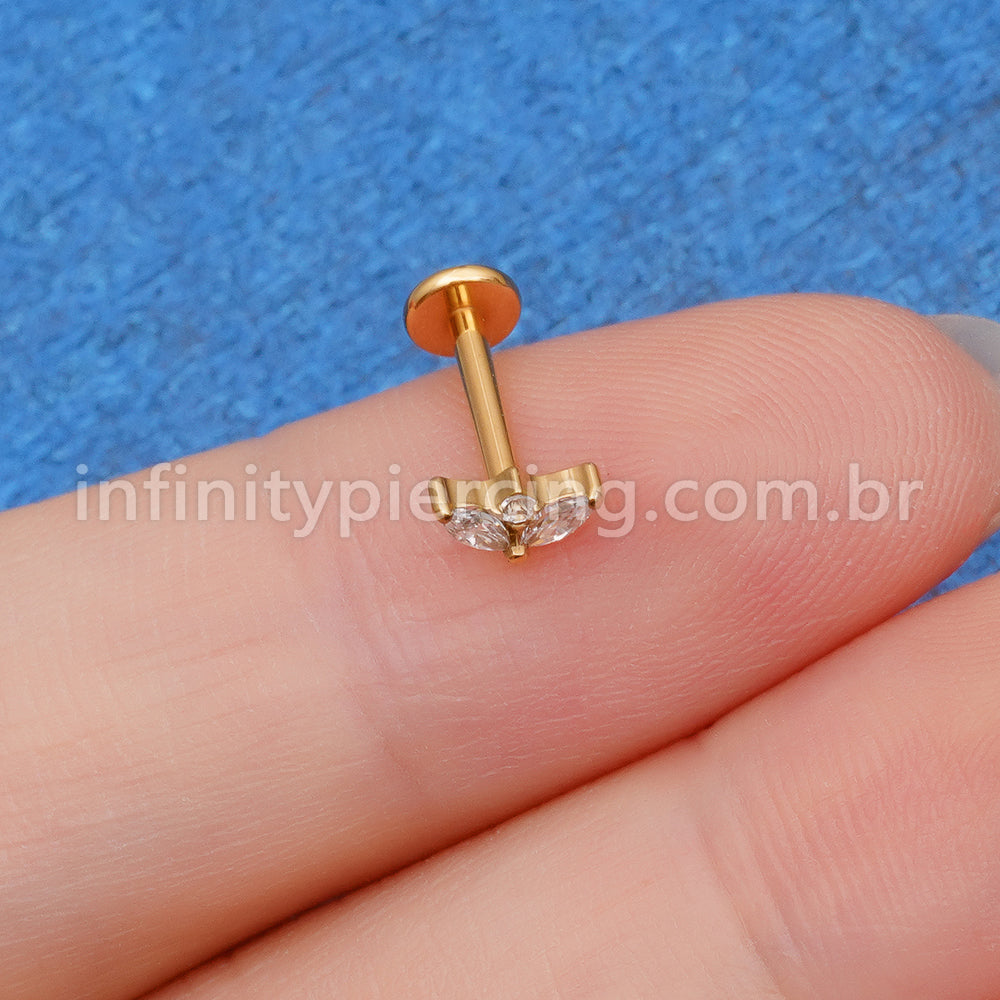 Piercing Labret Titânio 3 Pedras Zircônia Cravejada