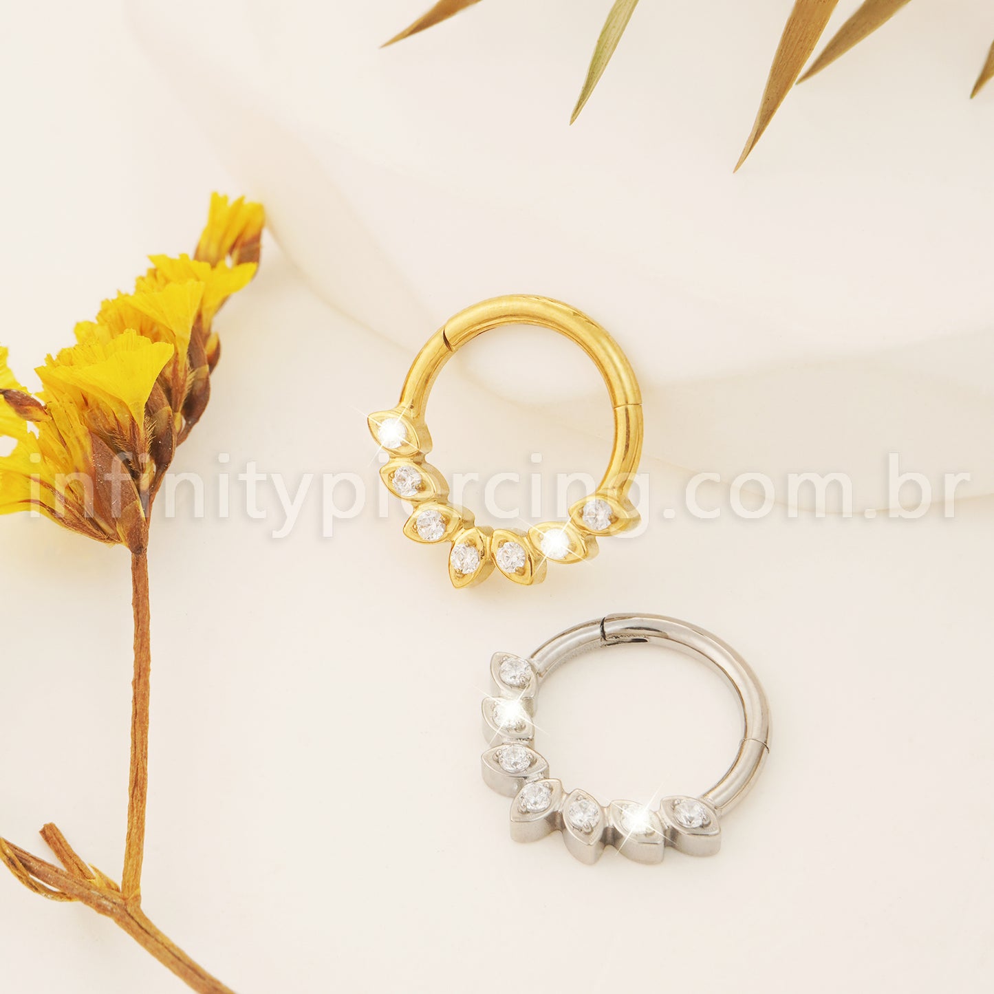 Piercing Argola Titânio Segmento Articulado Detalhes Zircônia