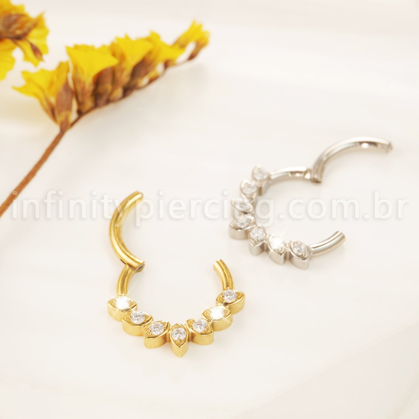 Piercing Argola Titânio Segmento Articulado Detalhes Zircônia