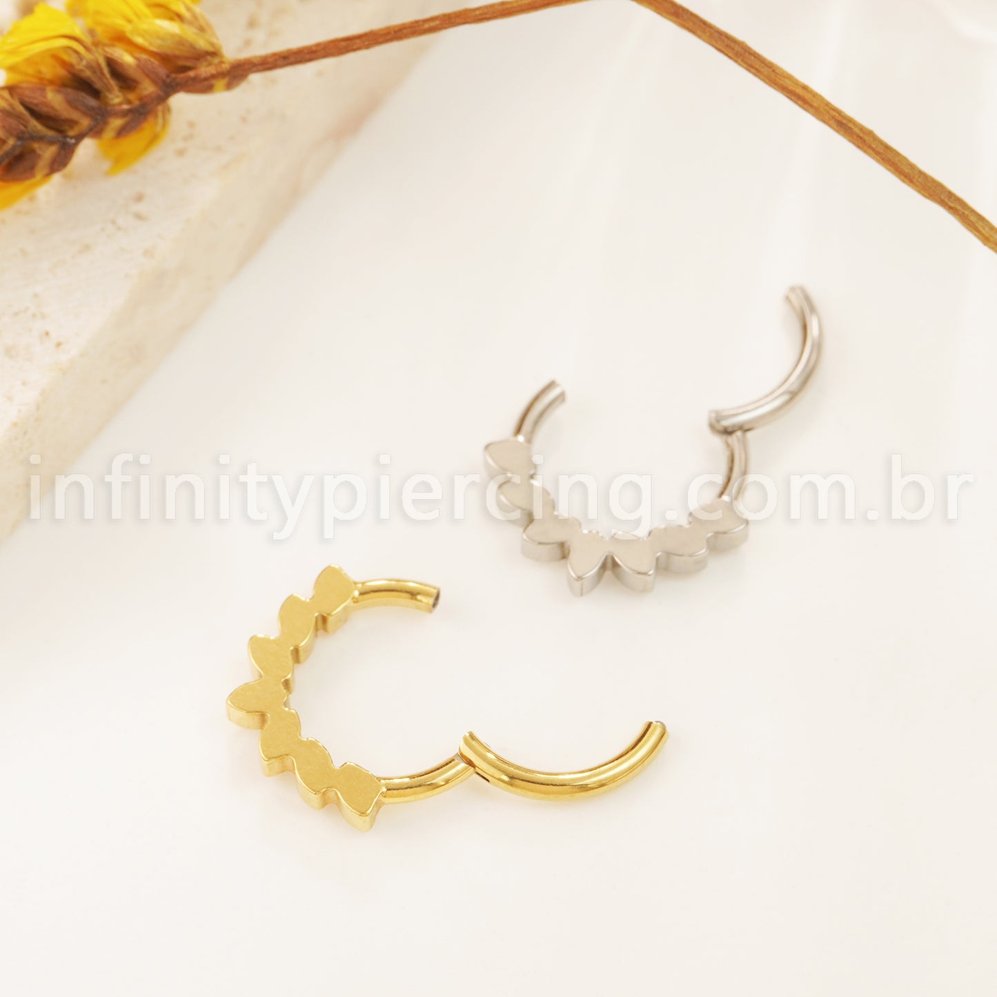 Piercing Argola Titânio Segmento Articulado Detalhes Zircônia