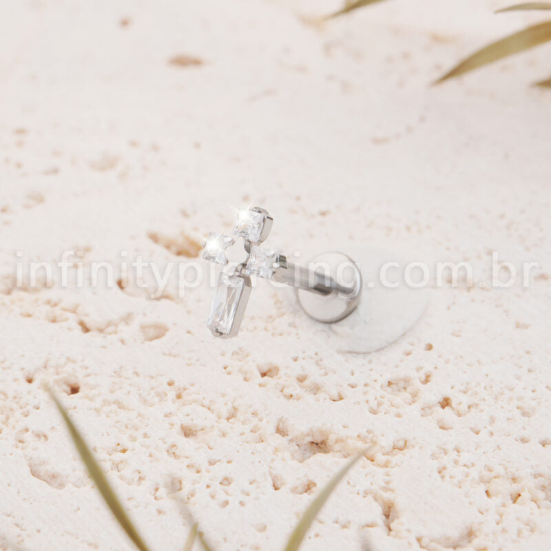 Piercing Labret Titânio Cruz Zircônia