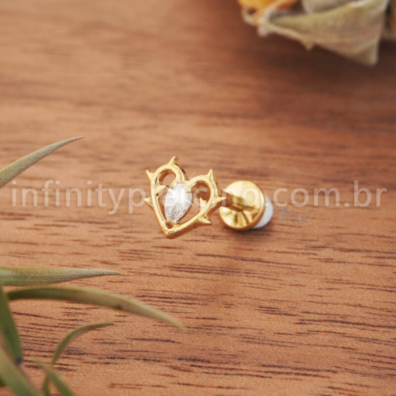 Piercing Labret Coração Vazado Titânio Zircônia  Cravejada