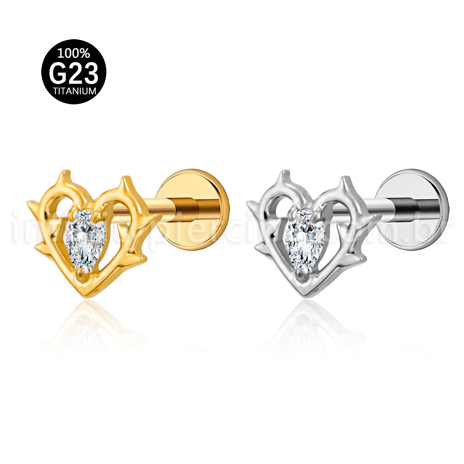 Piercing Labret Coração Vazado Titânio Zircônia  Cravejada