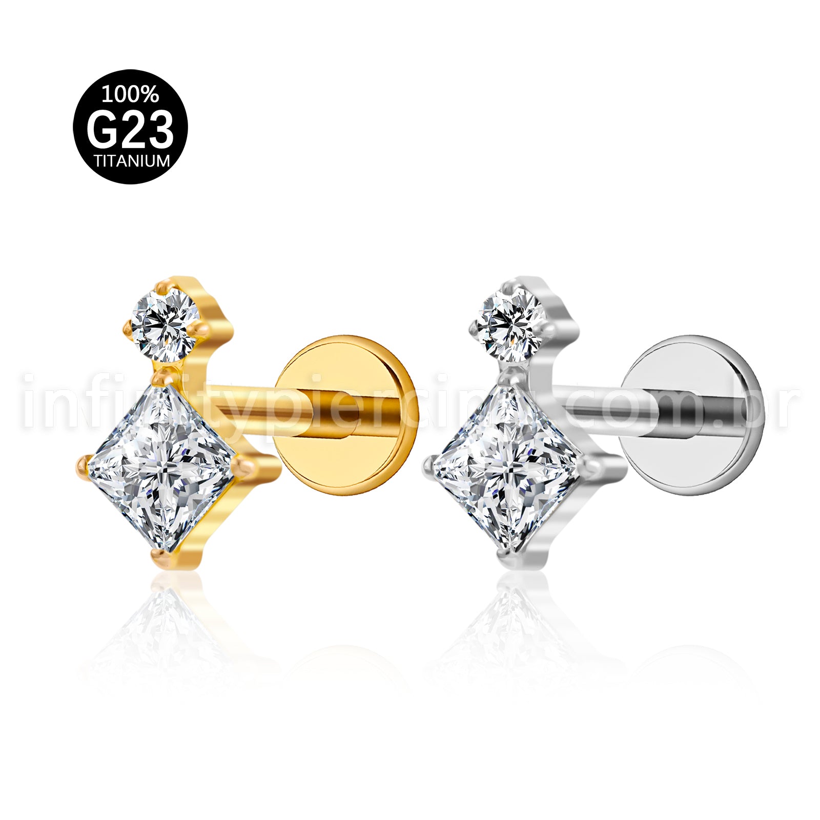 Piercing Labret Titânio Quadrado  Zircônias