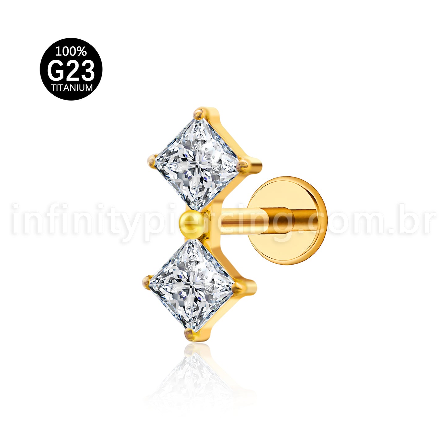 Piercing Labret Titânio Quadrado 2 Zircônias