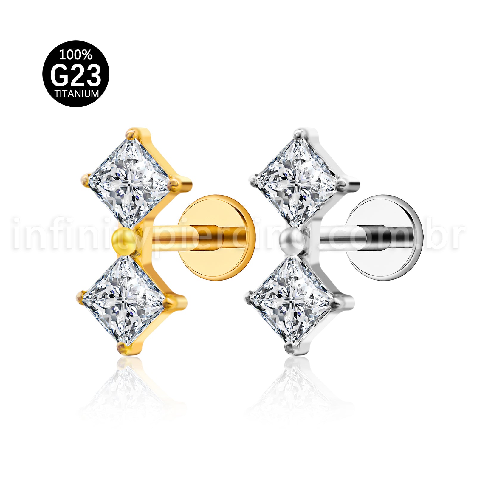 Piercing Labret Titânio Quadrado 2 Zircônias