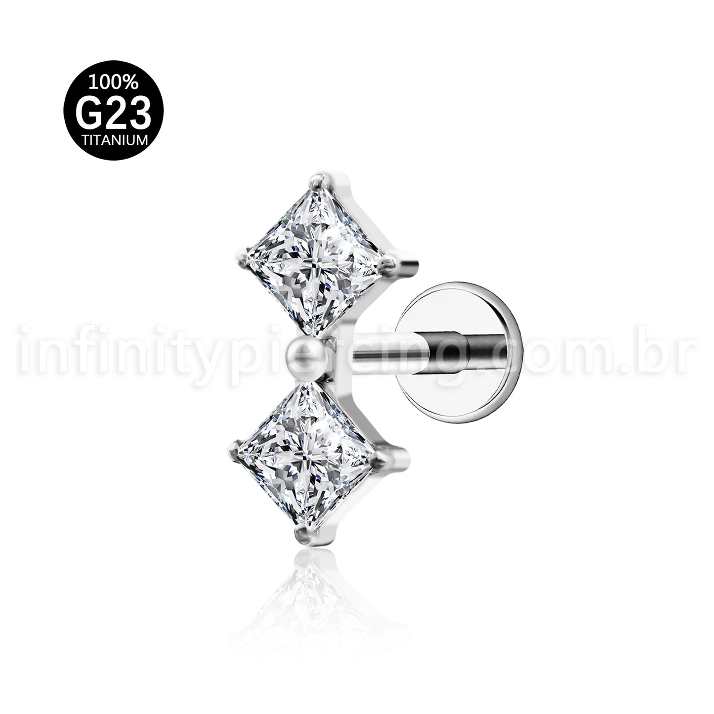 Piercing Labret Titânio Quadrado 2 Zircônias