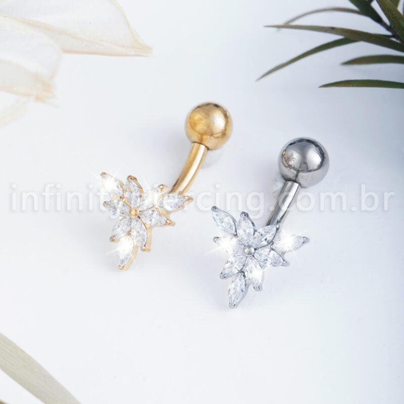 Piercing Banana Titânio Folhas Zircônia Cravejada