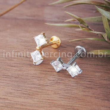 Piercing Labret Titânio Quadrado 2 Zircônias