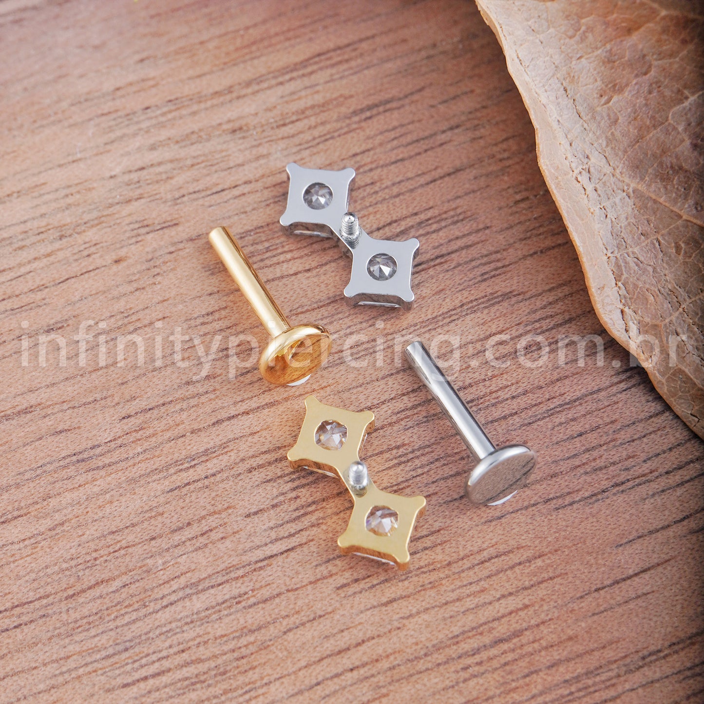 Piercing Labret Titânio Quadrado 2 Zircônias