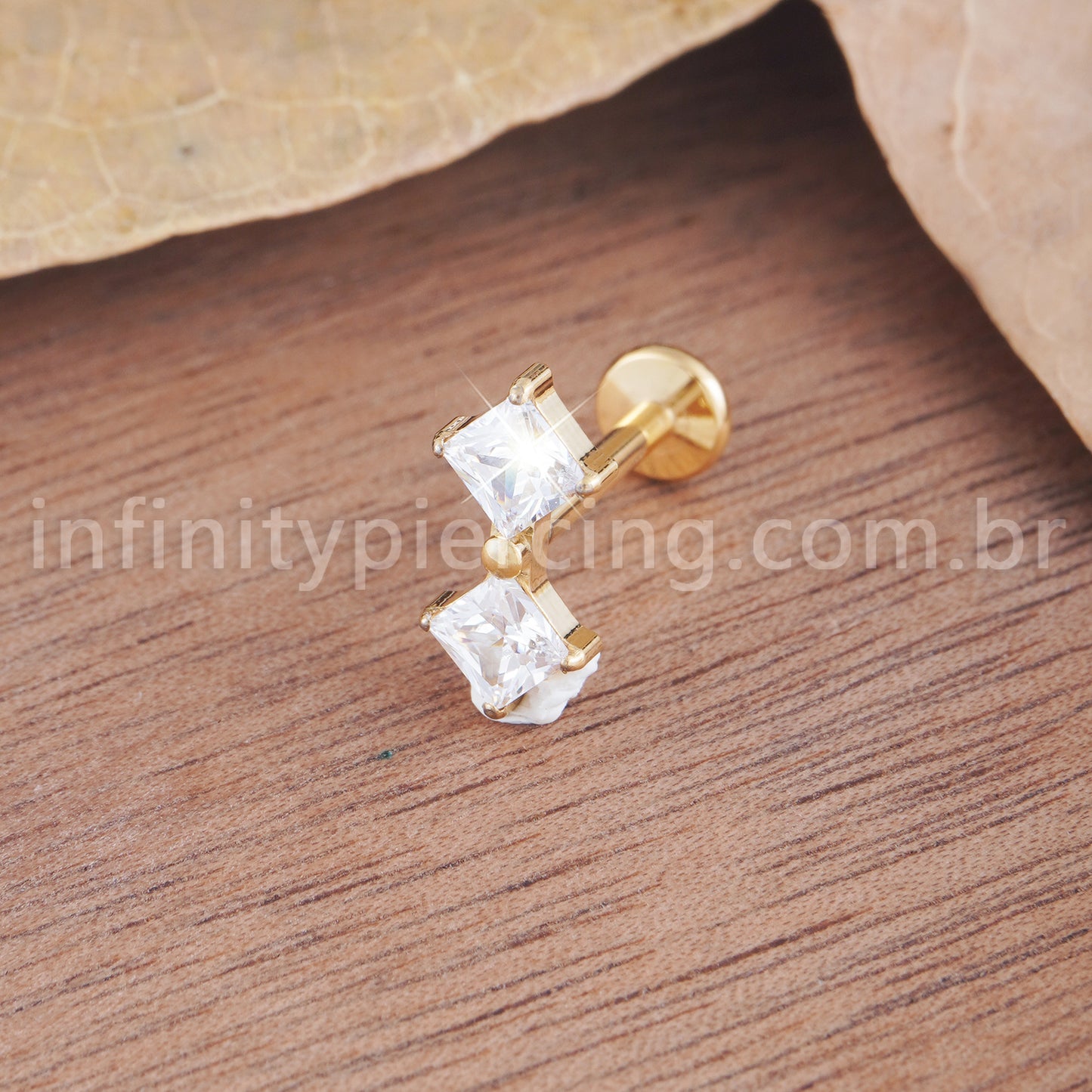 Piercing Labret Titânio Quadrado 2 Zircônias