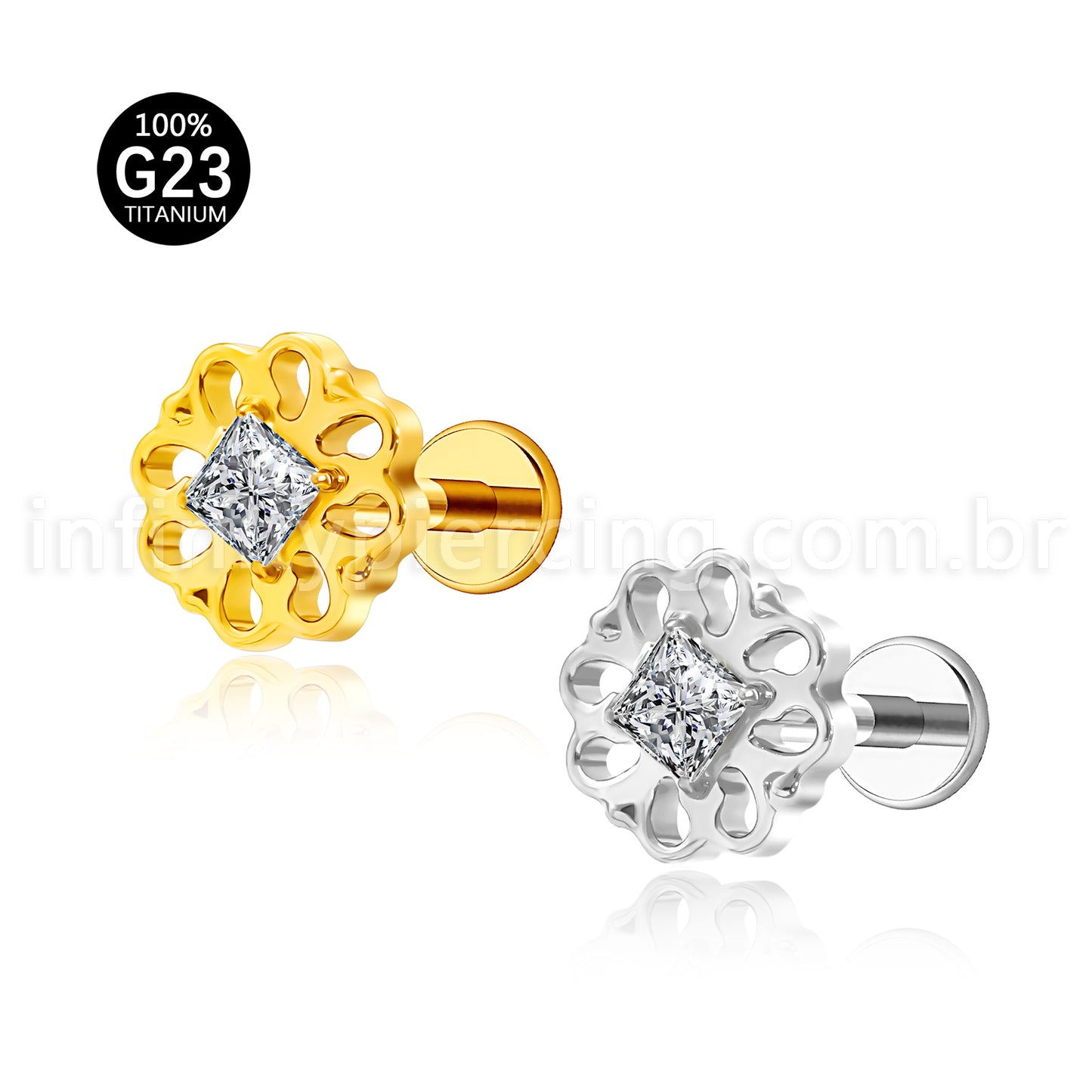 Piercing Labret Titânio Flor Com Zircônia Cravejada