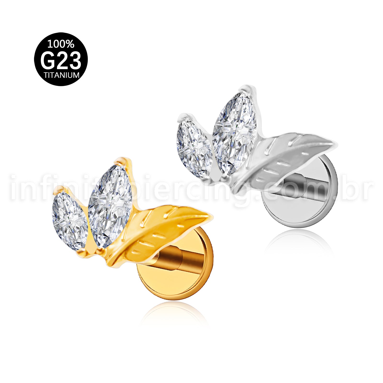 Piercing Labret Titânio Folha Com Zircônia Cravejada