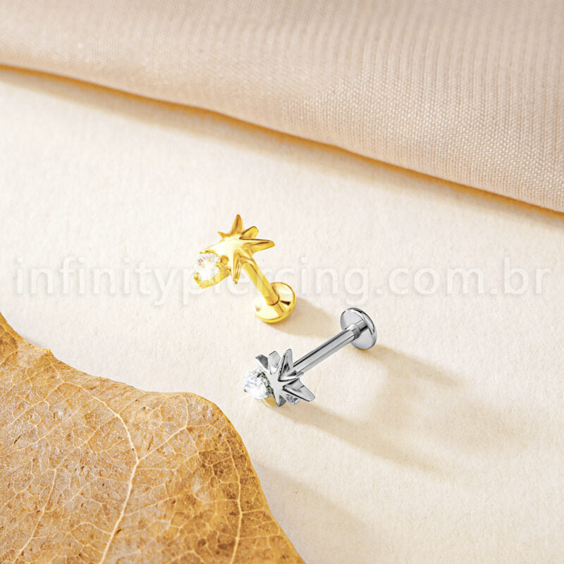 Piercing Labret Titânio Estrela Detalhe Zircônia Cravejada