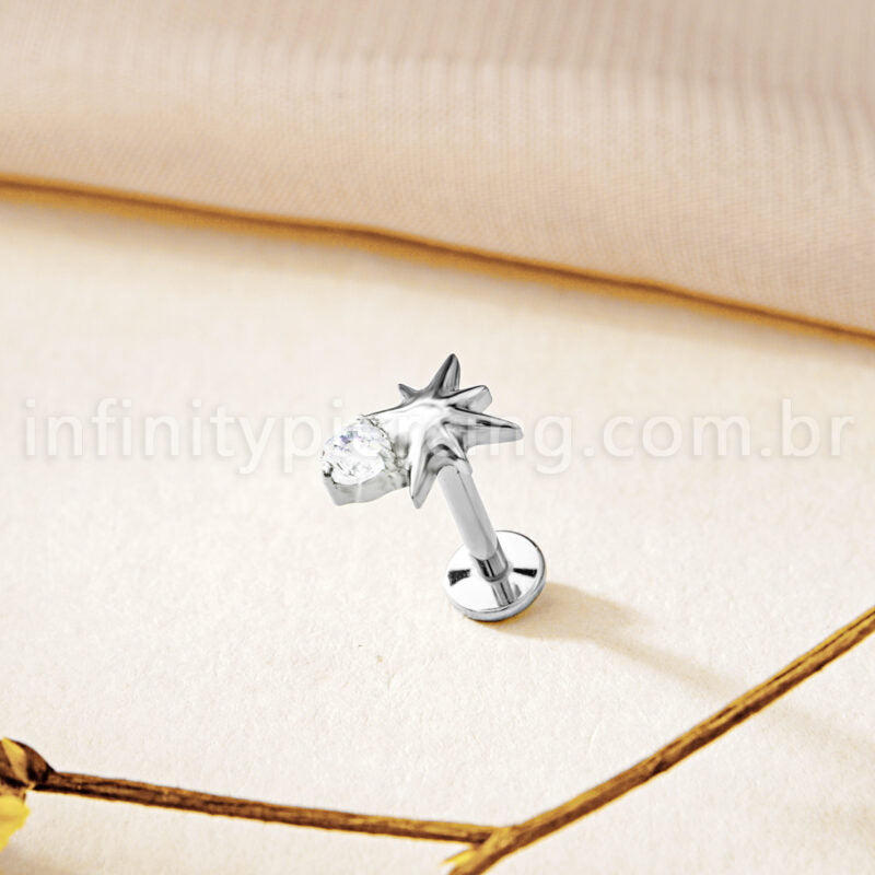 Piercing Labret Titânio Estrela Detalhe Zircônia Cravejada