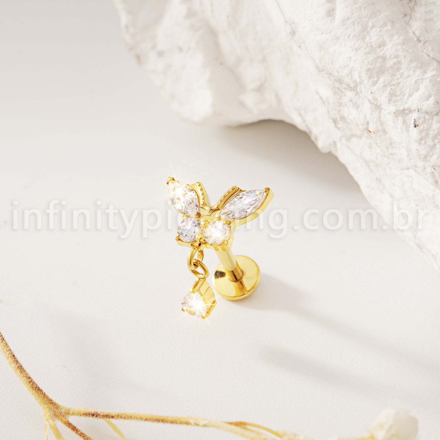 Piercing Labret Titânio Borboleta Zircônia Cravejada