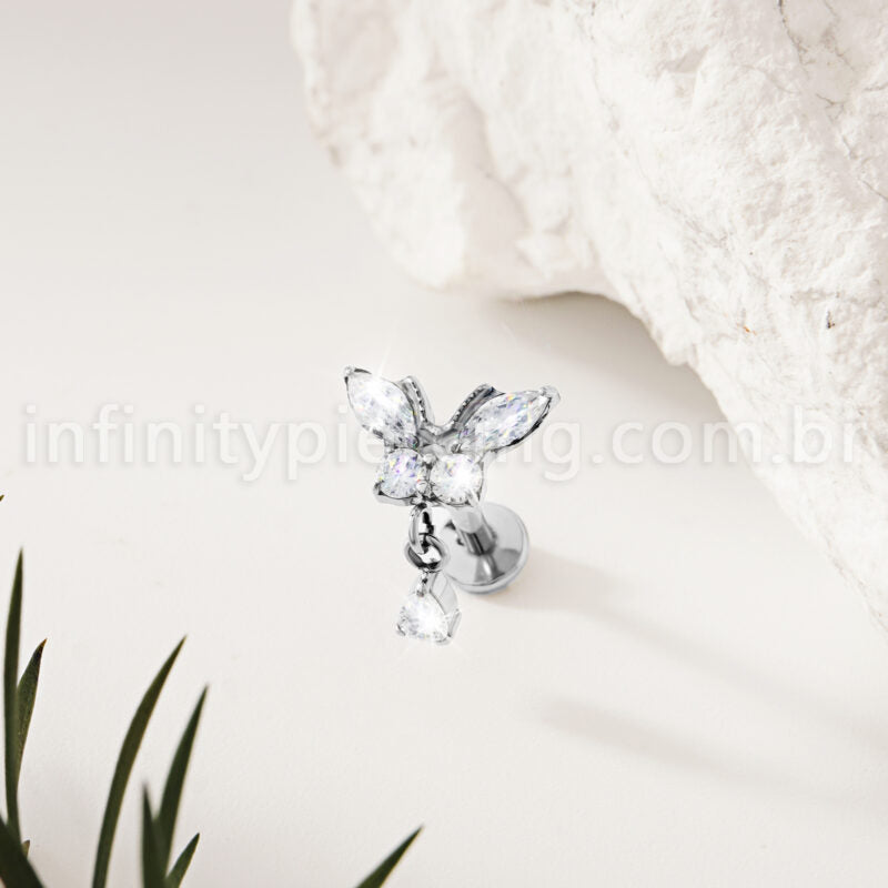 Piercing Labret Titânio Borboleta Zircônia Cravejada