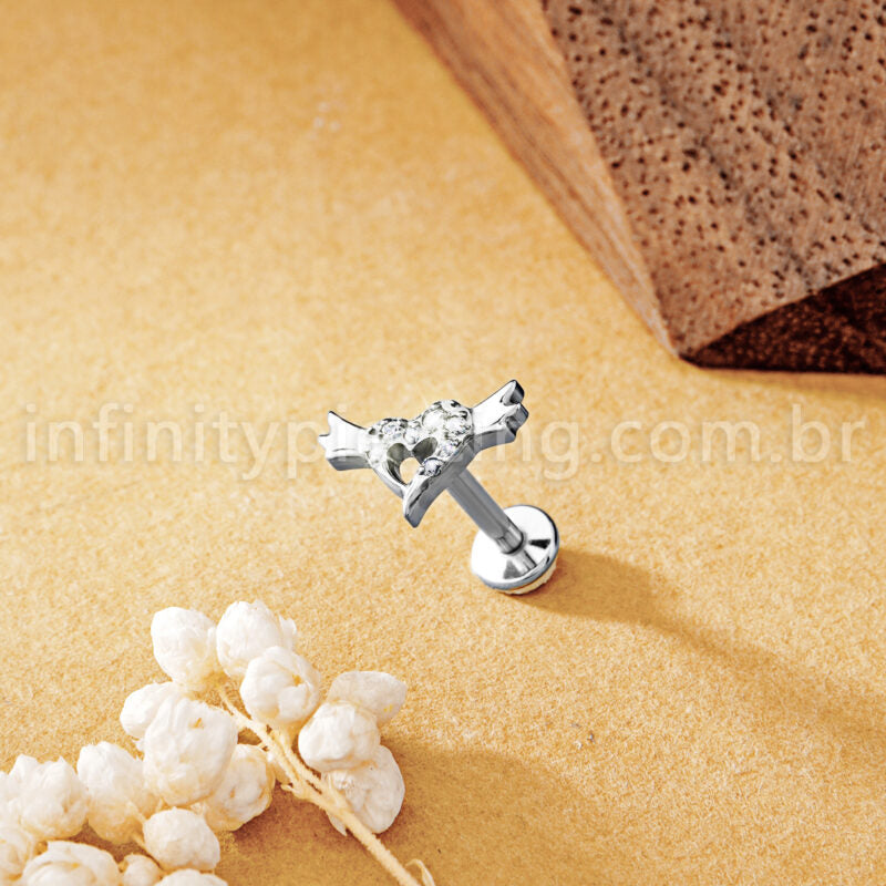 Piercing Labret Titânio Coração Com Asas Zircônia Cravejada
