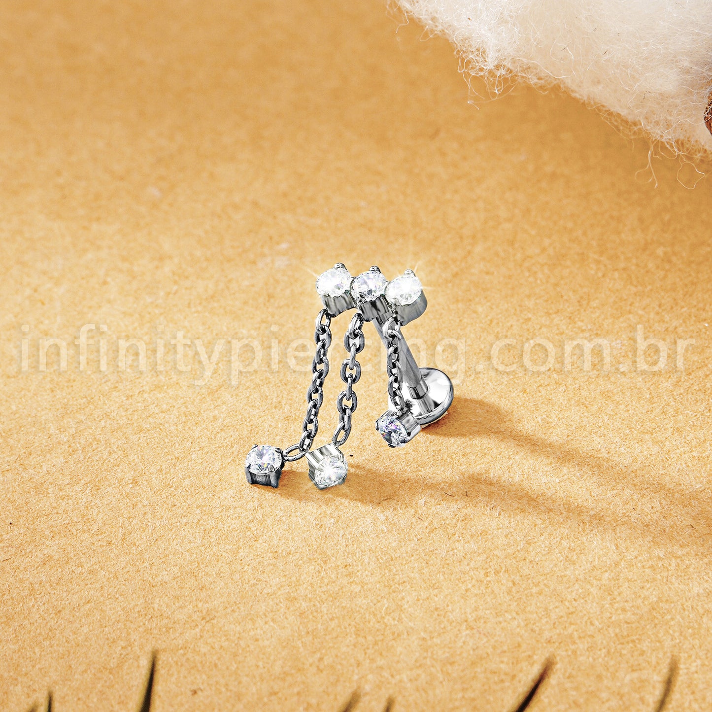 Piercing Labret Titânio Zircônia Cravejada Com Corrente